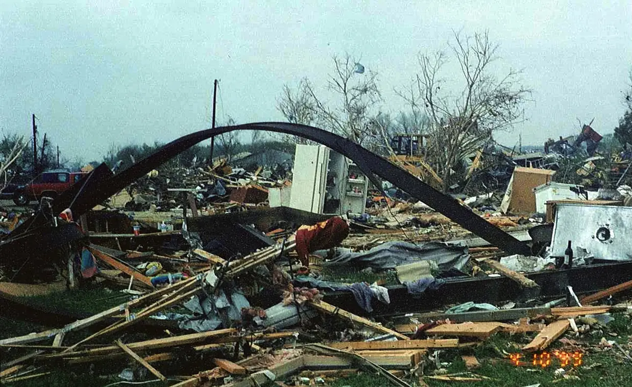 Tornado damage to homes and trees in Bossier City, Louisiana