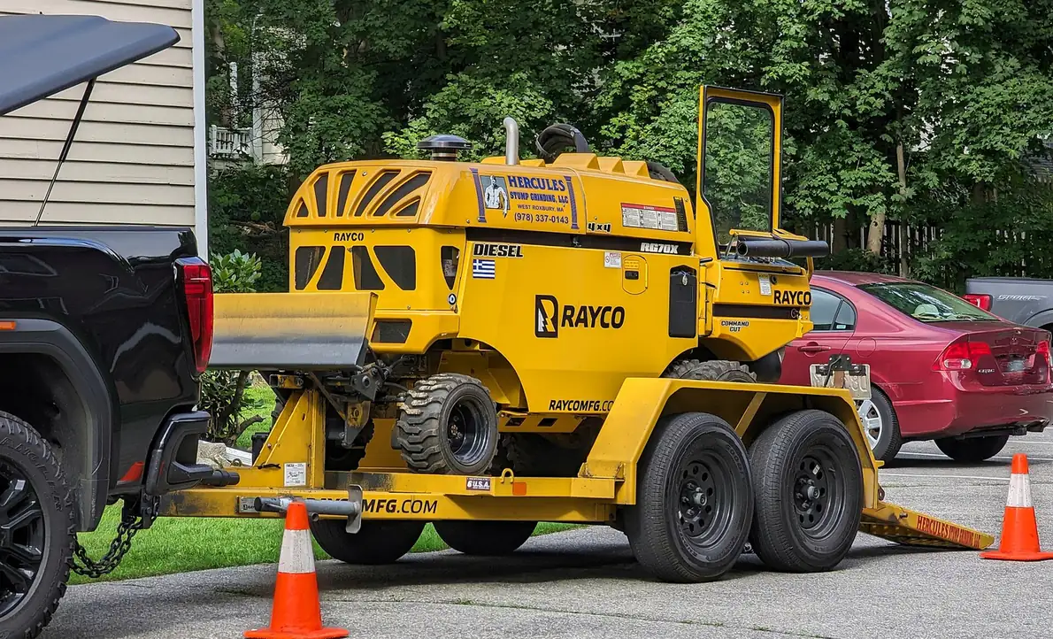 Walk-behind stump grinder positioned against a cut stump
